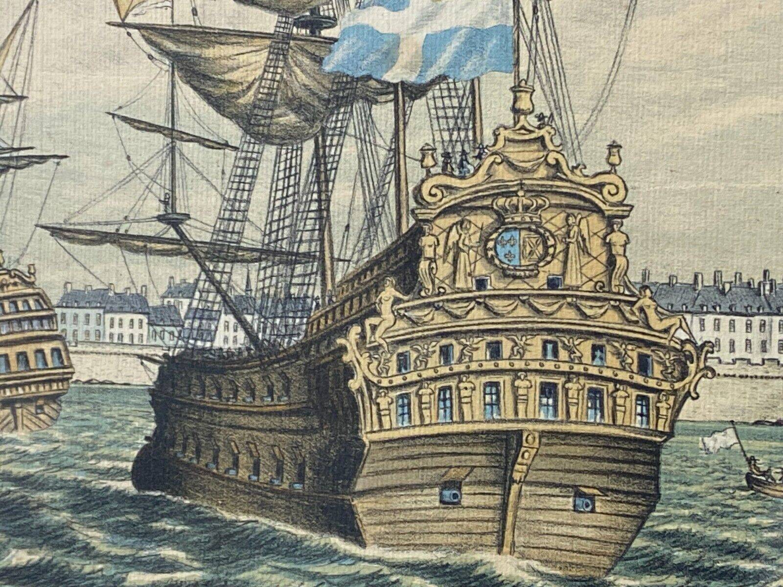 Lithograph view of Saint Malo 17th century with sailboats signed Daniel Derveaux