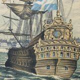 Lithograph view of Saint Malo 17th century with sailboats signed Daniel Derveaux