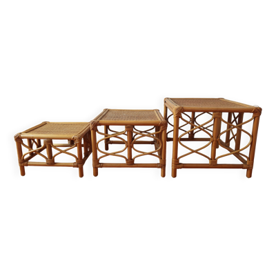 Tables gigognes en rotin et cannage – Esprit Riviera – Vers 1970/80