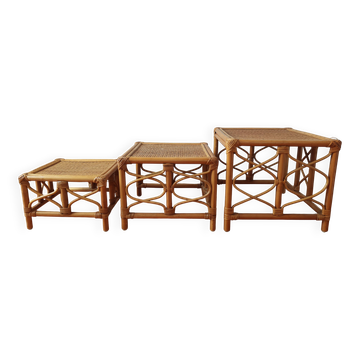 Tables gigognes en rotin et cannage – Esprit Riviera – Vers 1970/80
