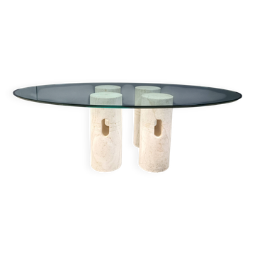 Vintage travertine and glass coffee table, 1970s