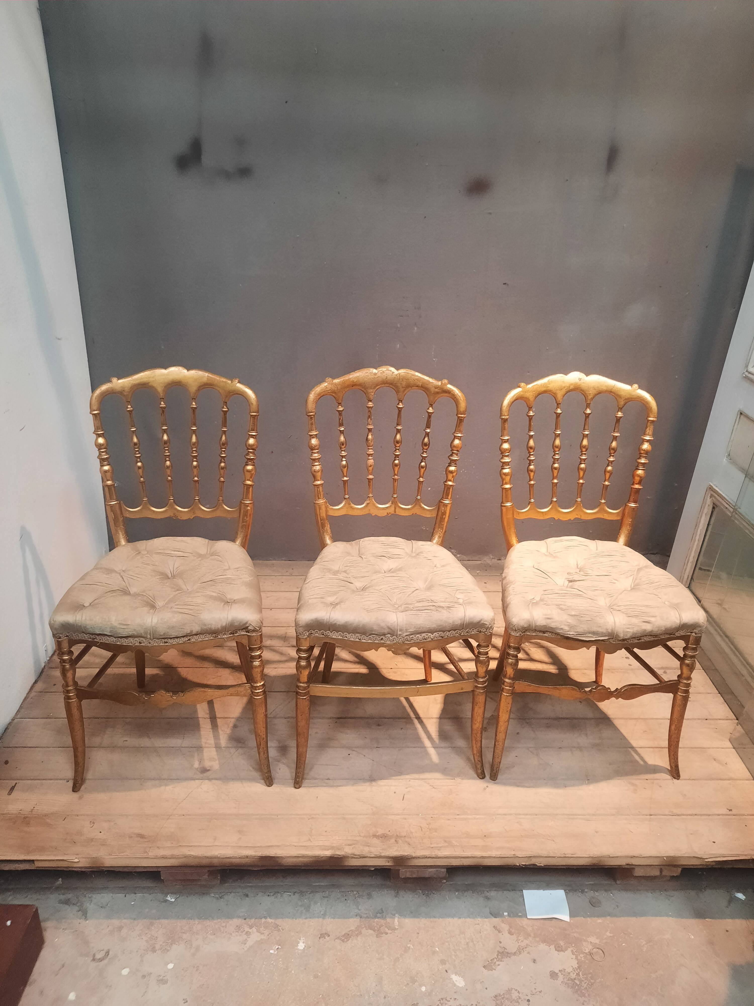 Set of 3 Napoleon III chairs in gilded wood