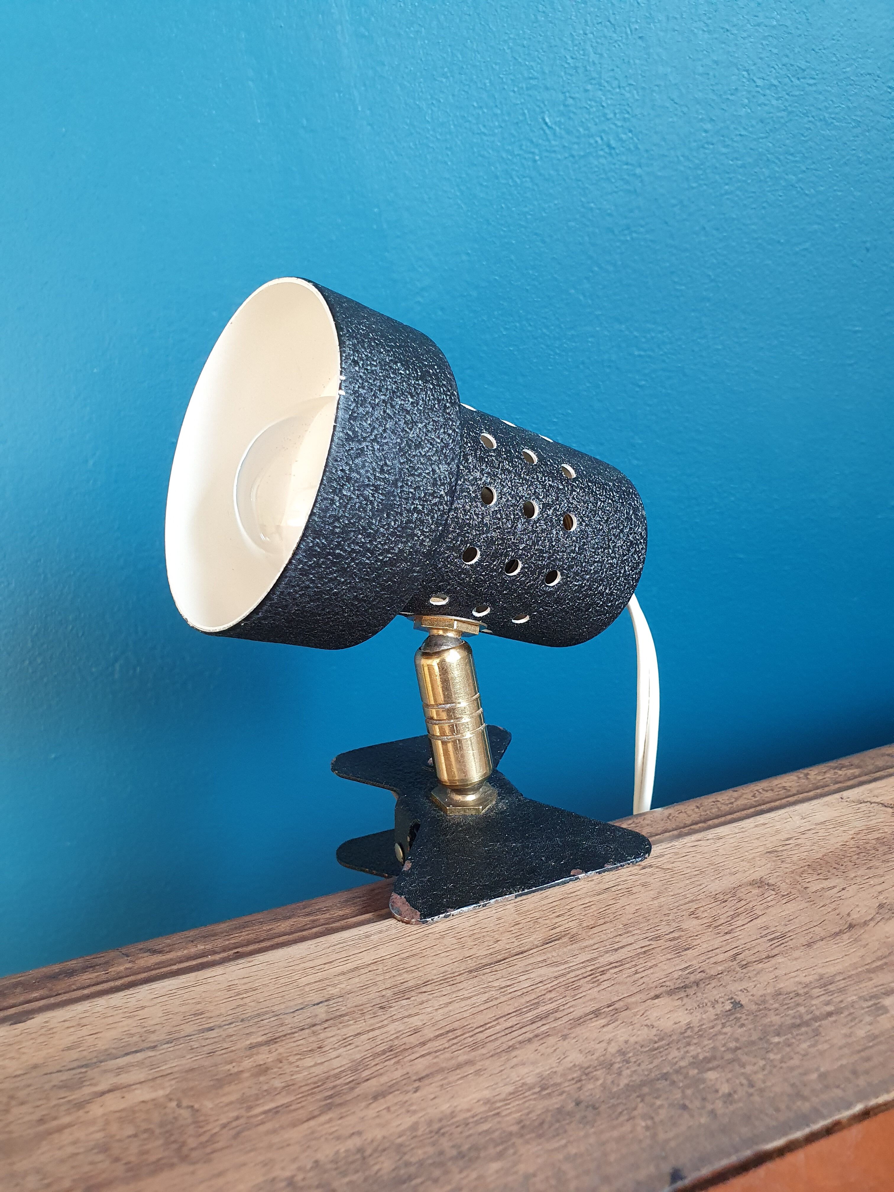 Black metal clip-on lamp articulated 70's