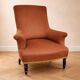 Antique crapaud chair in brown velvet – turned legs and brass rings.