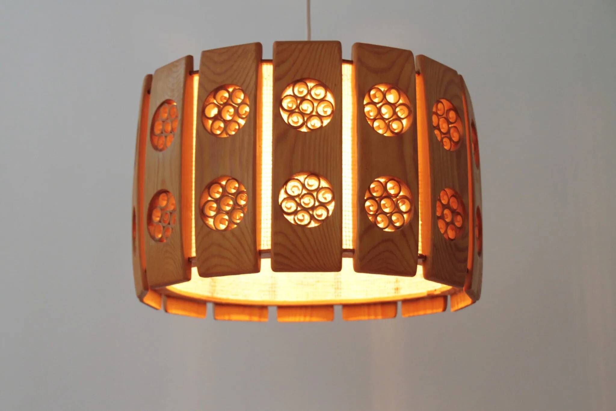 Pine Pendant Lamp with Rolled Wood Curl Rosettes – Sweden, 1970s