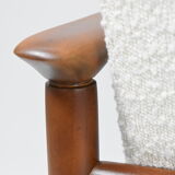 Fauteuil vintage original restauré poil de bras, designer E. Homma, années 1960, blanc bouclé