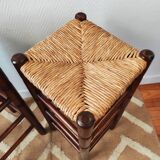 Pair of vintage brutalist stools made of wood and straw, France 1965.