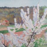 Cherry blossom branch. Gouache on signed paper