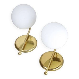 Vintage italian golden and opaline wall lamps, set of 2