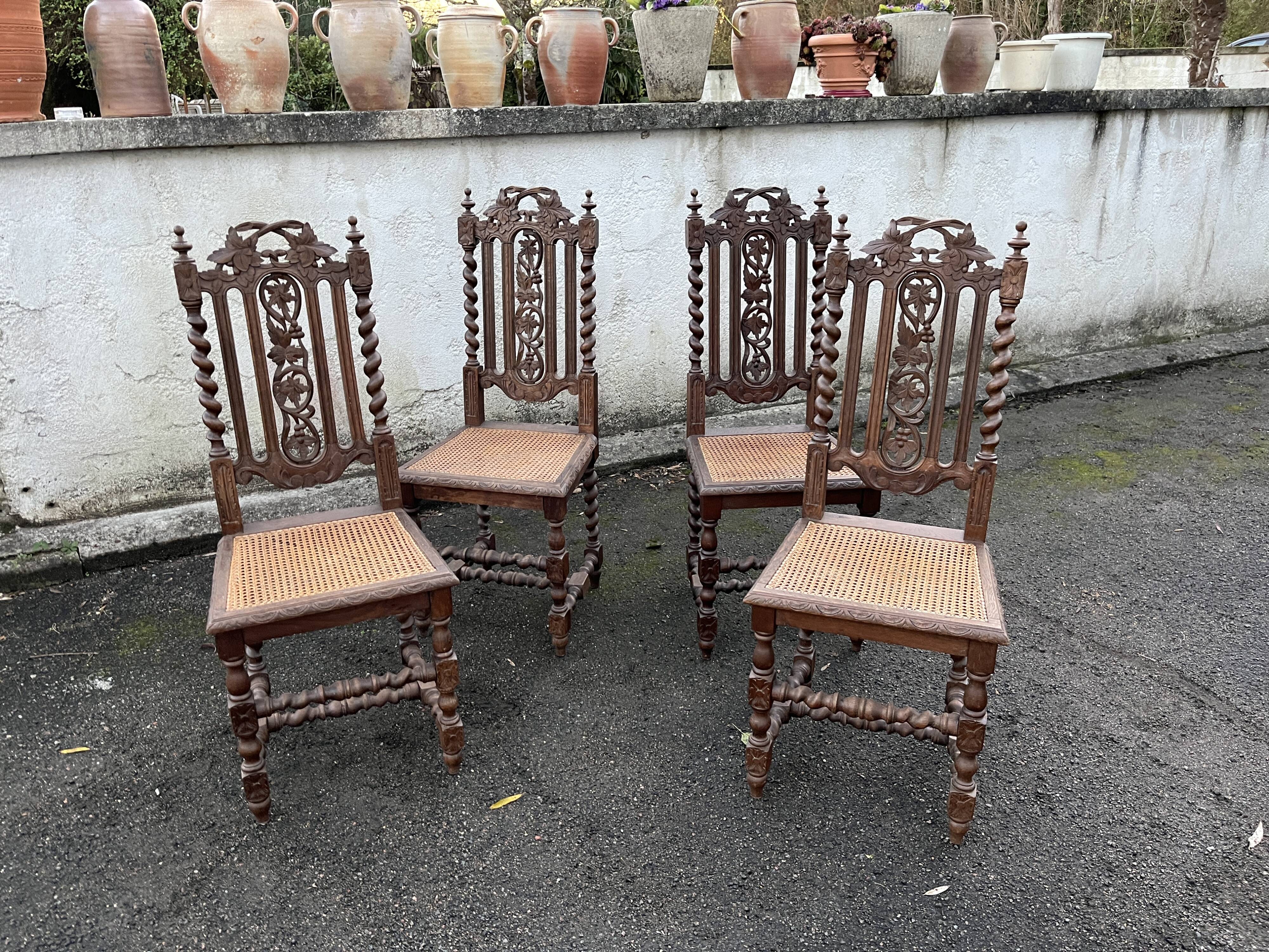 4 Henri II style chairs with twisted columns and cane seats