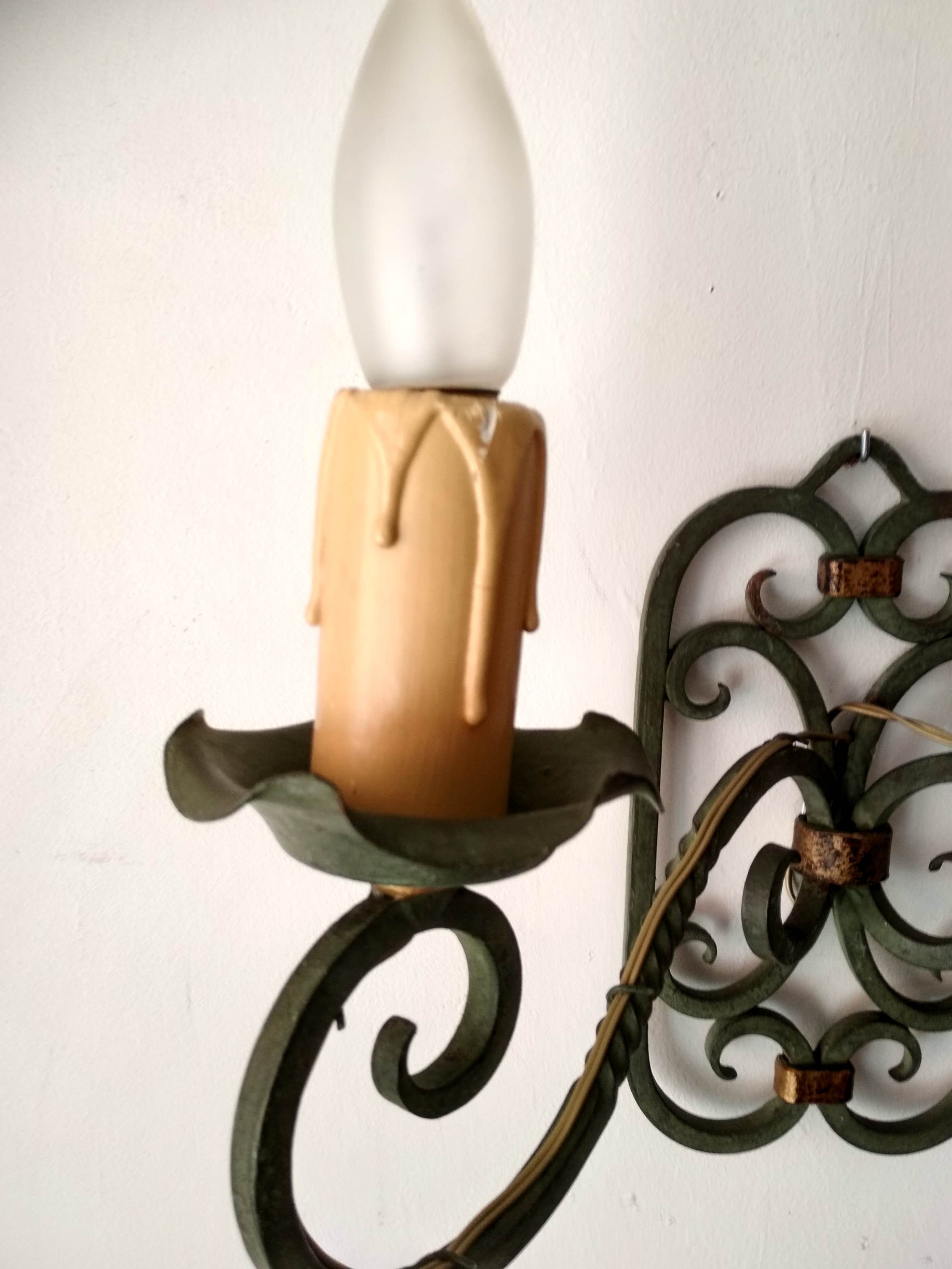 Pair of old wrought iron sconces patina green and gold - 2 lights