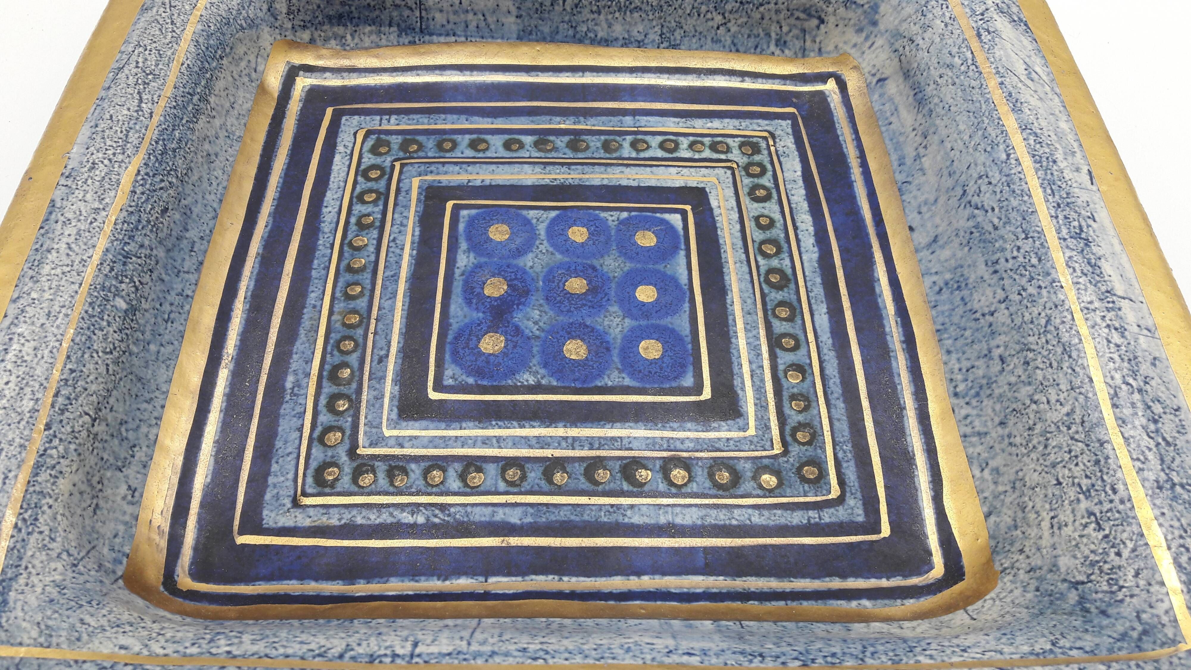 DECORATIVE CERAMIC DISH SIGN GEORGES PELLETIER GEOMETRIC DRAWING BLUE AND GOLD COLLECTION