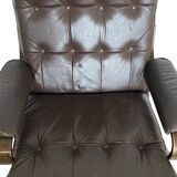 Scandinavian tilting and swivel armchair in curved wood and leather