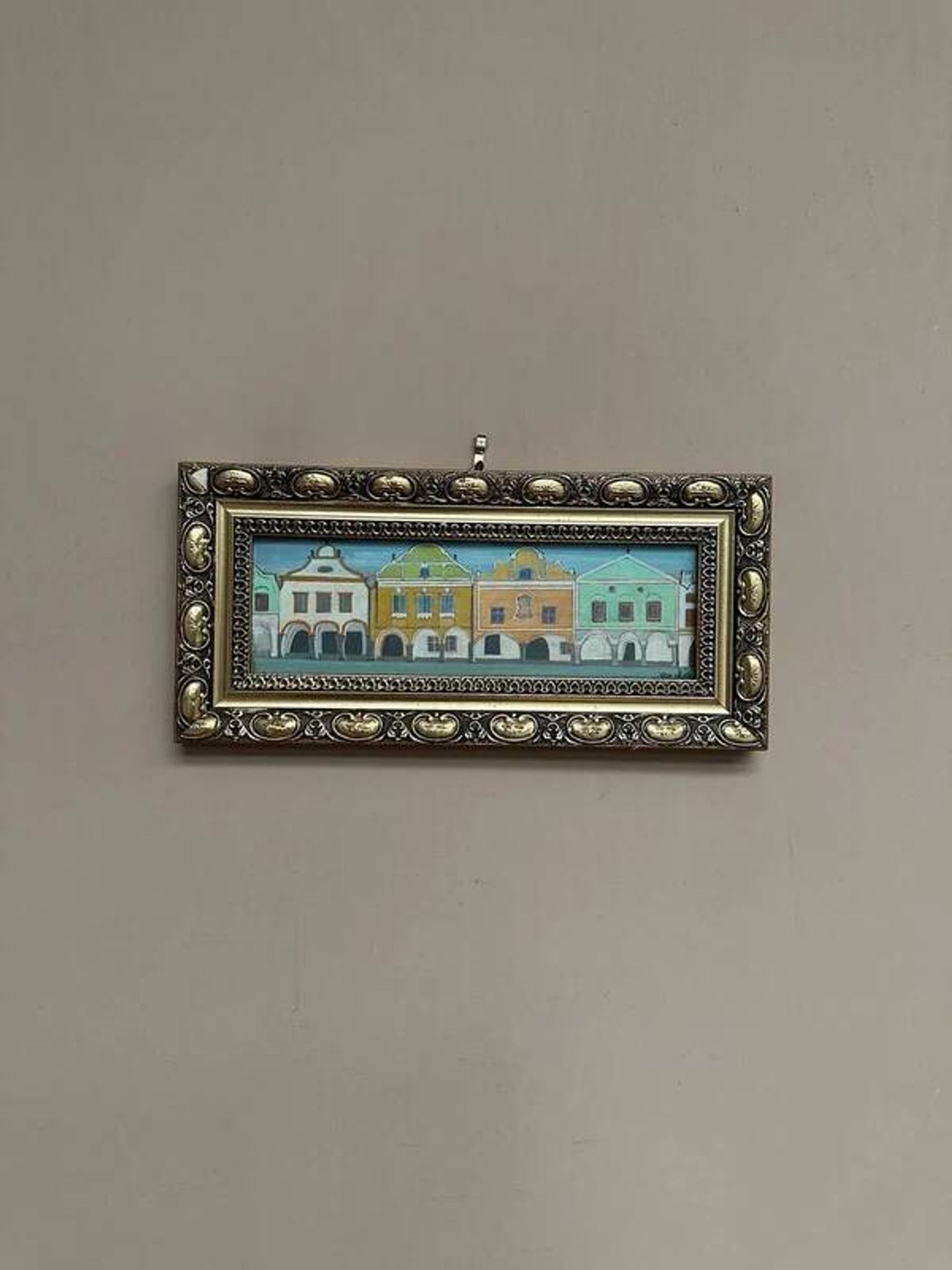 Original woodcut art 'Buildings I' by unknown artist, vintage & framed 34×16cm
