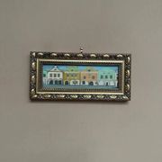 Original woodcut art 'Buildings I' by unknown artist, vintage & framed 34×16cm