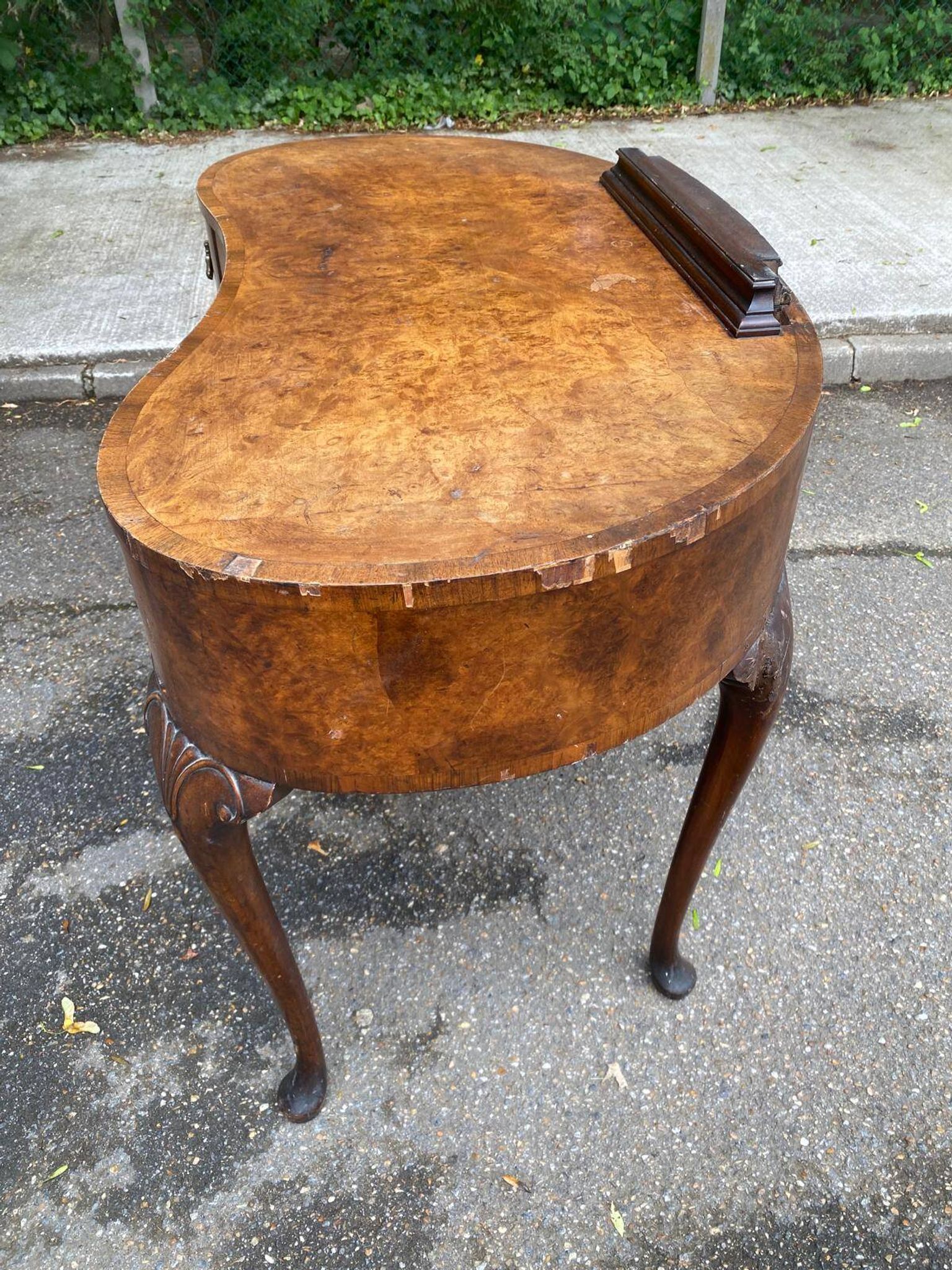 Console bureau de dame haricot en ronce de noyer début 20ème