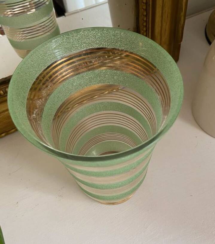 Vintage 1950s Art Deco vase in green granite glass with gold trim