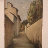 Antique painting from the late 19th century, a view of the village, oil on canvas