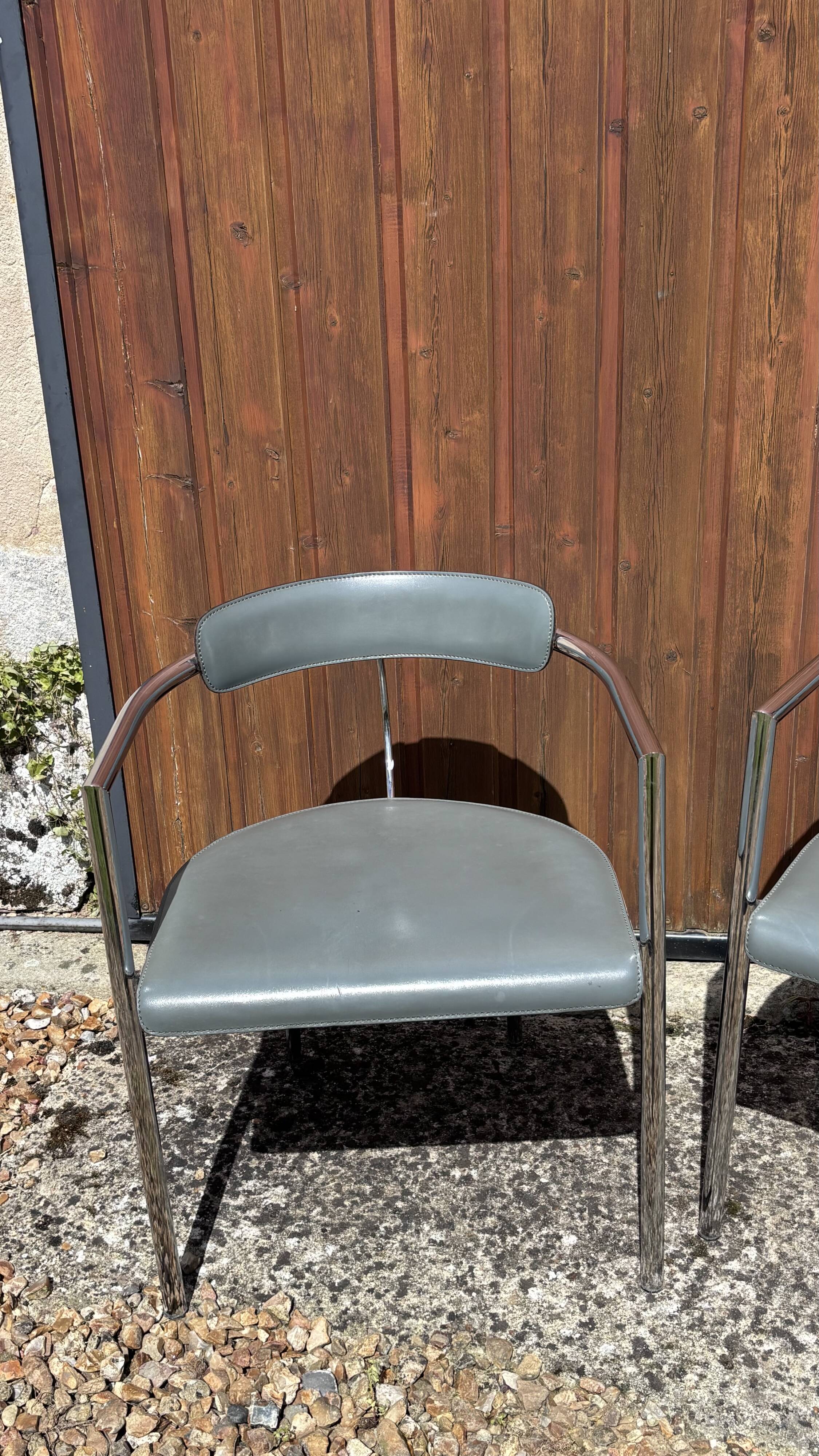 Pair of vintage chrome & grey faux leather armchairs – 1970s design