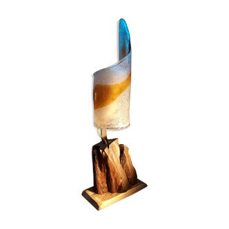 Lampe verre Murano Italie 1970  pied  racine bois exotique