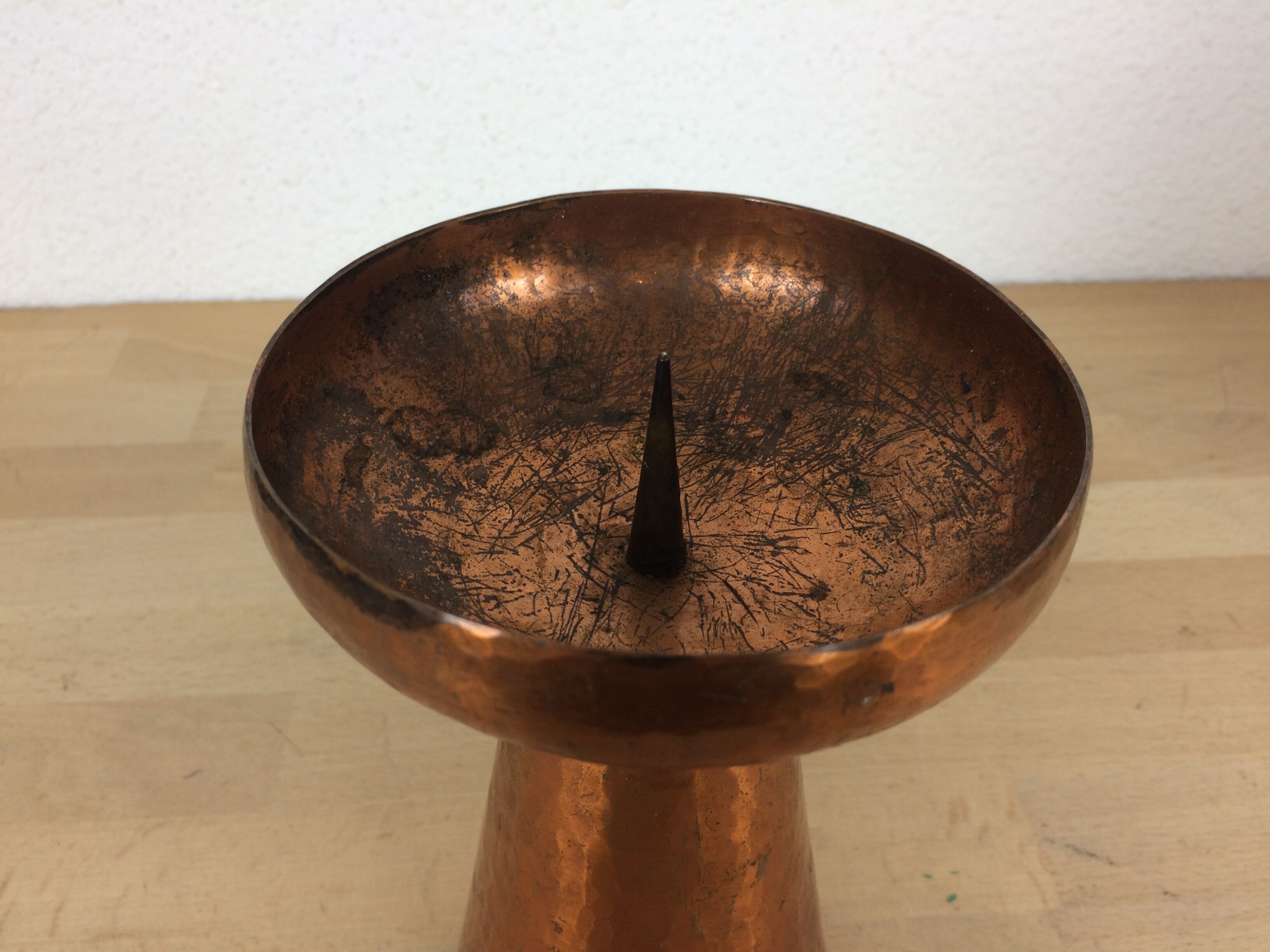 Modernist Scandinavian candle holder in hammered copper