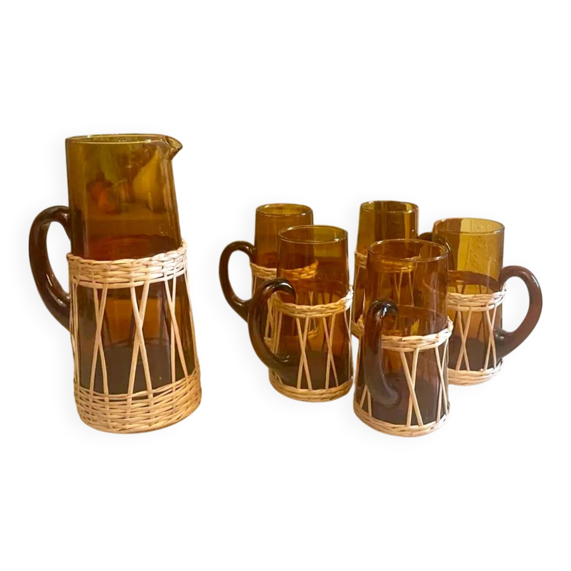 Amber glass and wicker lemonade set