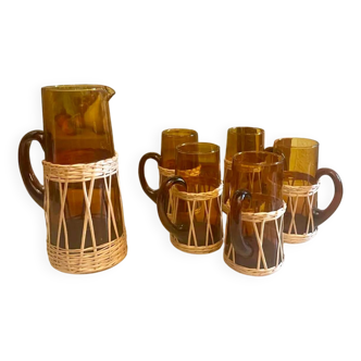 Amber glass and wicker lemonade set