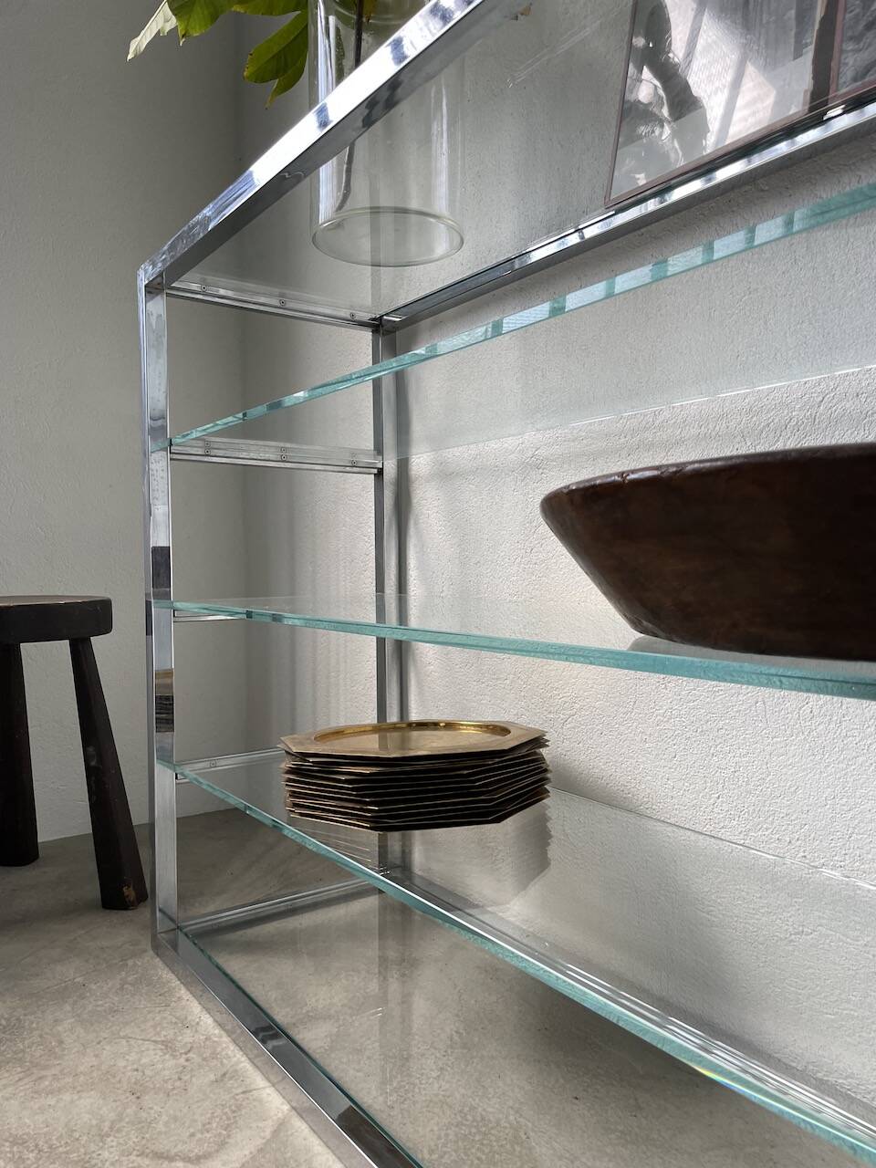 Pair of chrome and glass shelves from the 70s