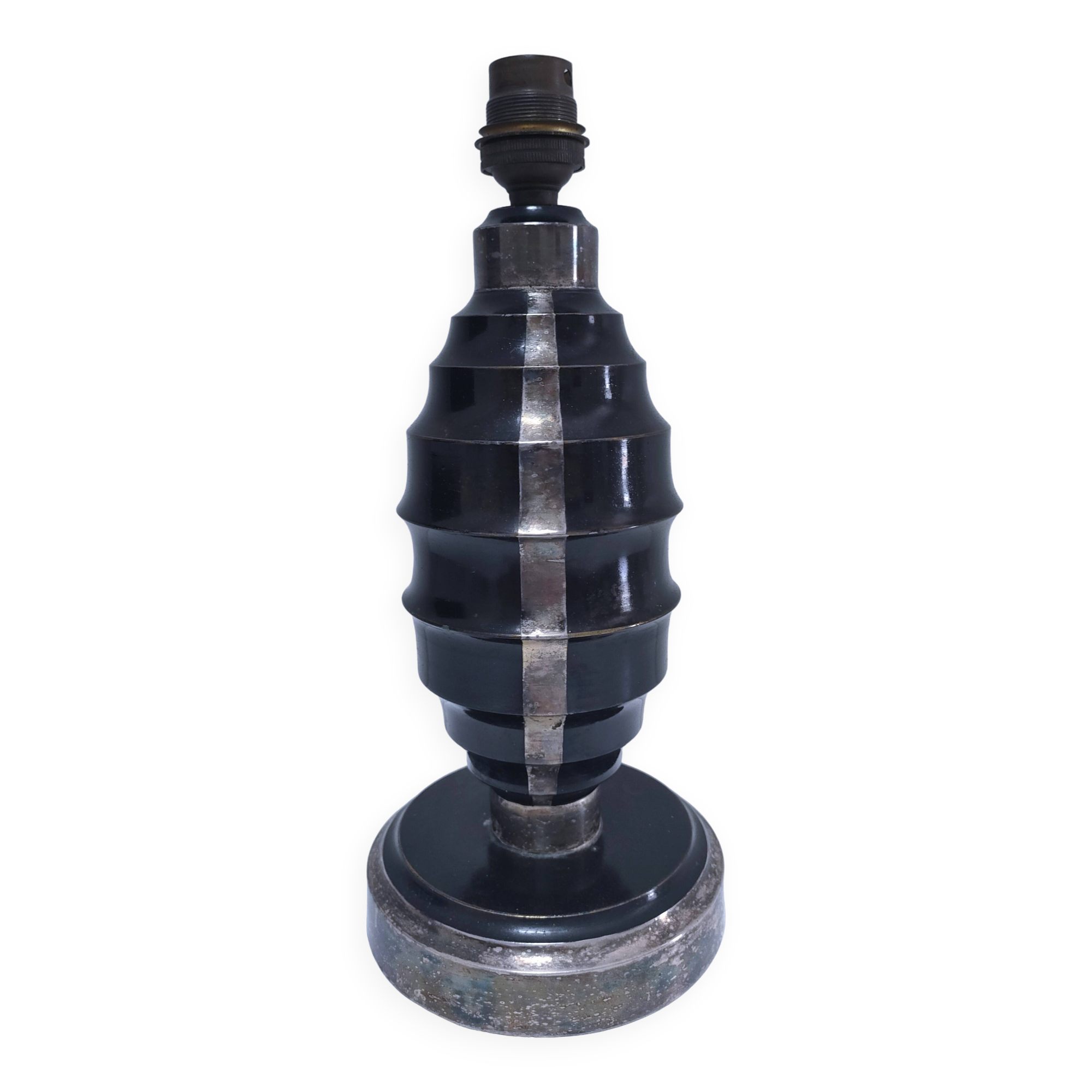 Art Deco metal lamp base with black and silver patina
