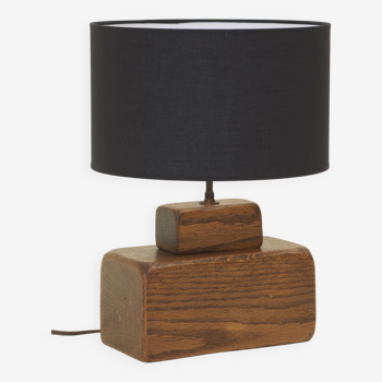 Brutalist artisanal lamp in solid wood (oak) vintage Circa 1960