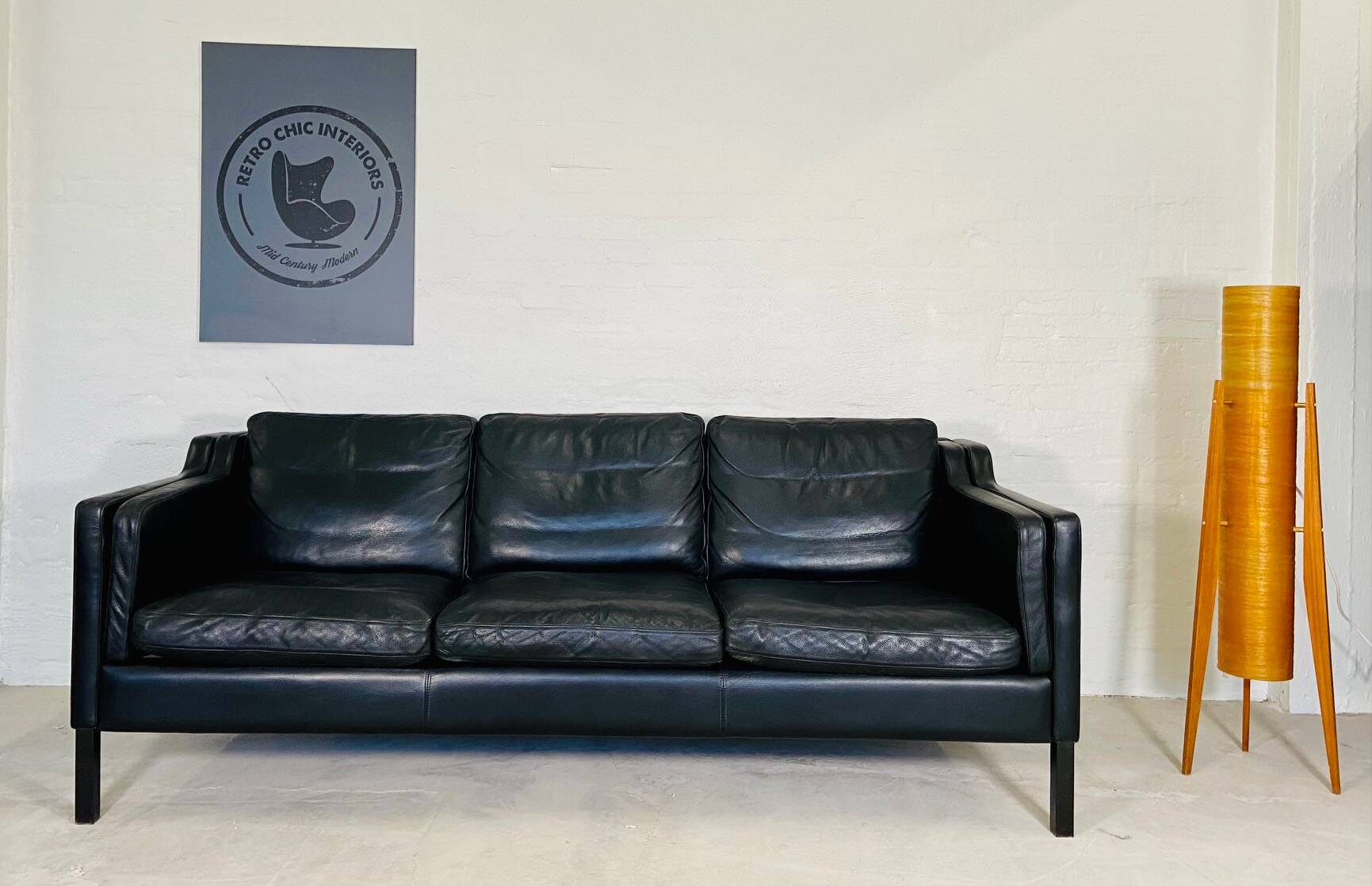 Vintage danish black leather 3 person stouby sofa