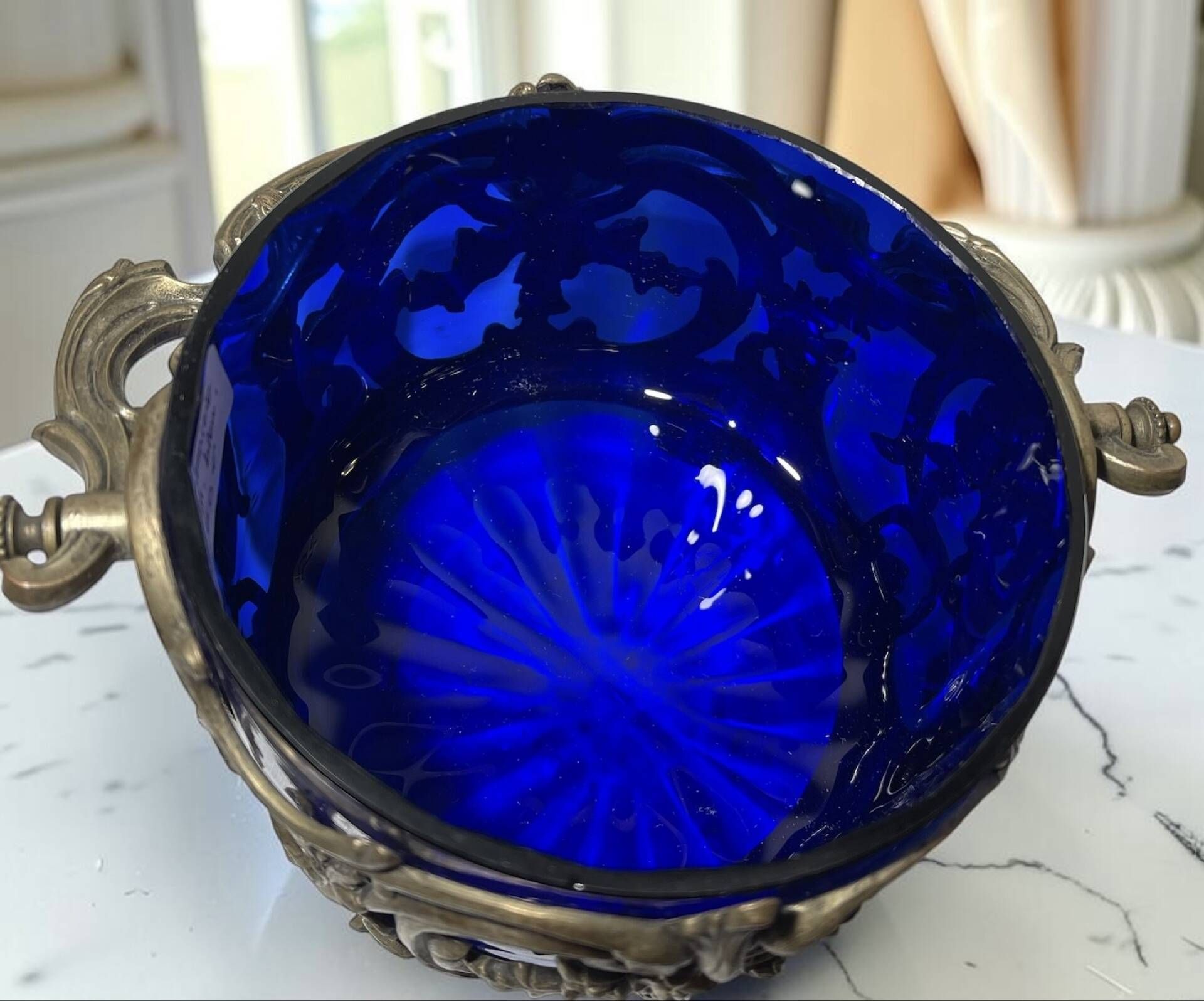 Antique cobalt blue glass biscuit barrel with ornate metal – Louis style
