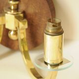 Pair of vintage wall sconces in polished gold brass, wood and glass