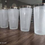 Set of 4 orangeade glasses, vintage Long Drink lemonade in opaque white sandblasted glass and gold edging