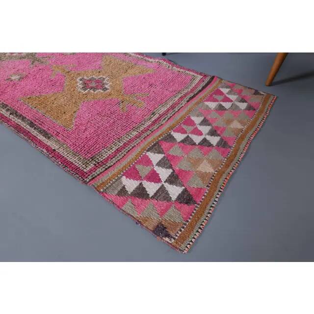Vintage Turkish Hand-Knotted Wool Cotton Pink Runner Rug 90x298