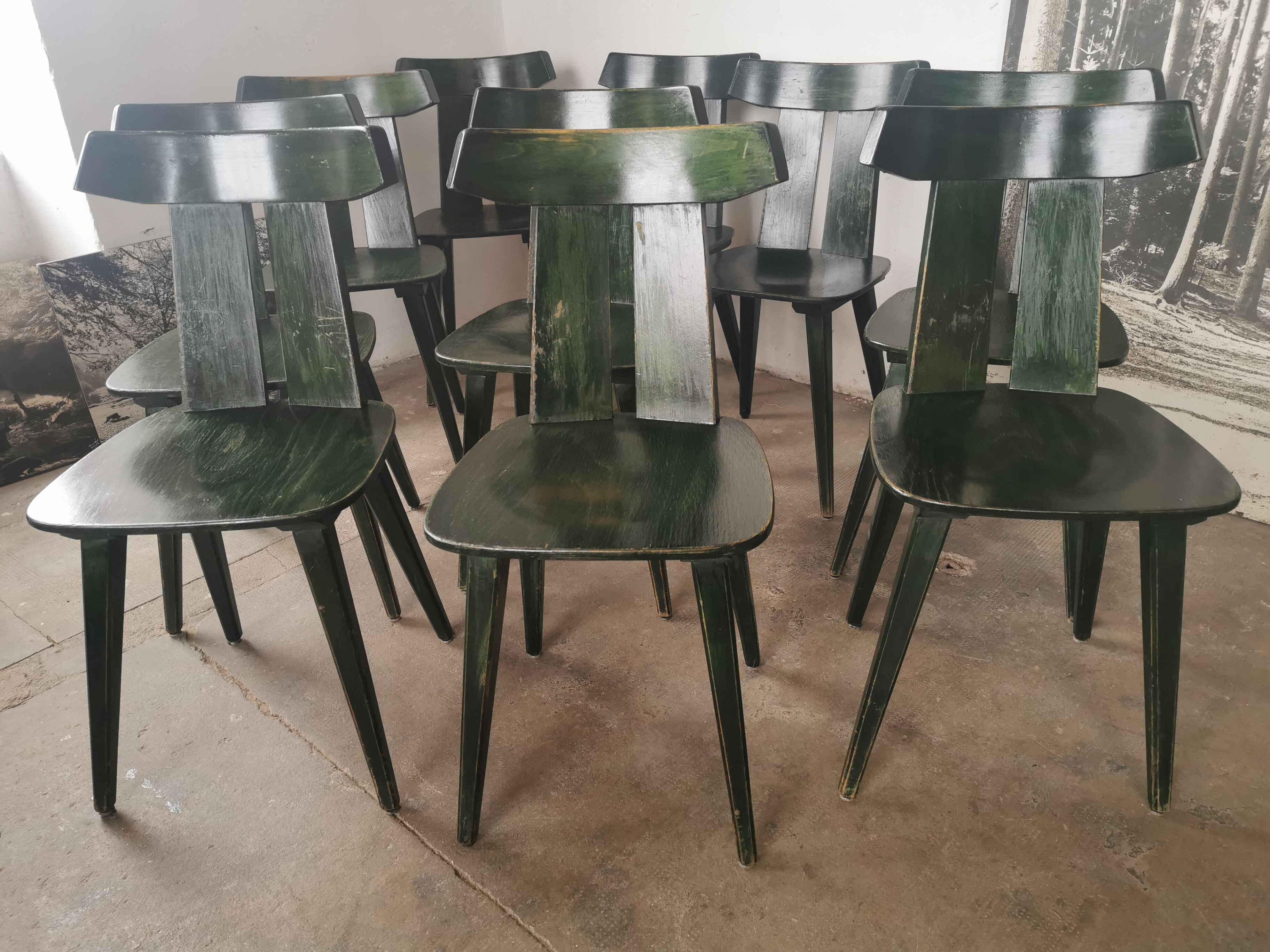 Set of 10 wooden bistro chairs