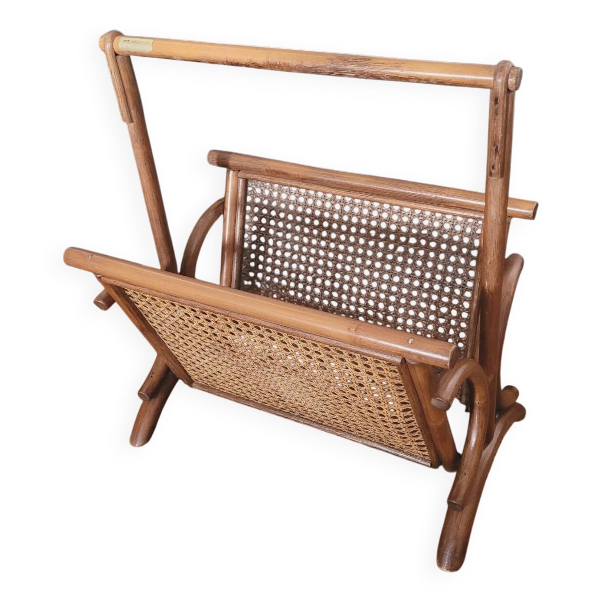 Porte-revues vintage en rotin et cannage – Années 60