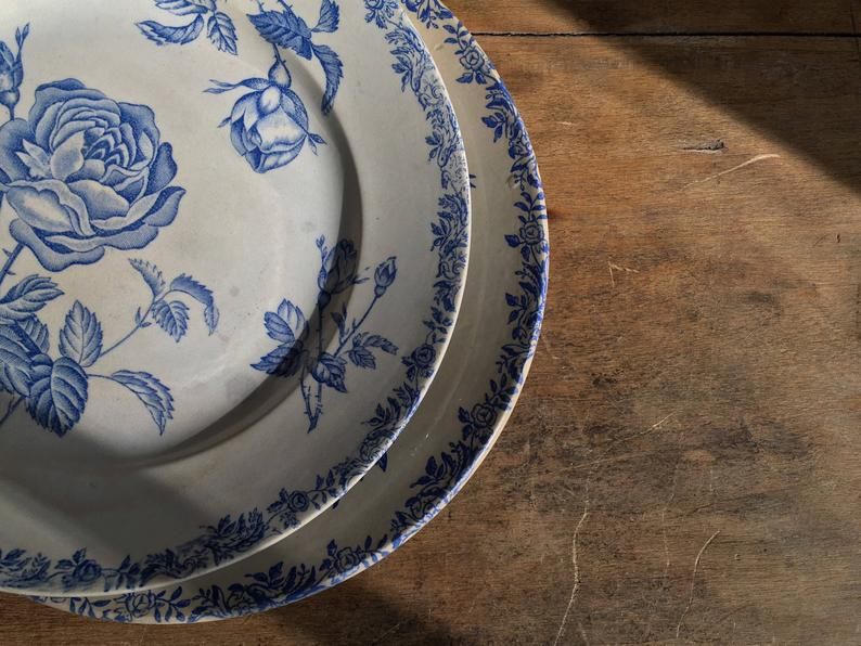 2 flat plates mismatched iron earth with blue flower motifs France