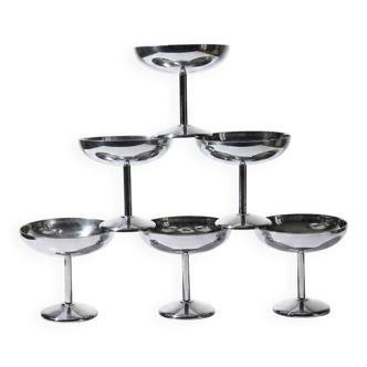 6 vintage dessert bowls on a pedestal in stainless steel in the style of Guy Degrenne.