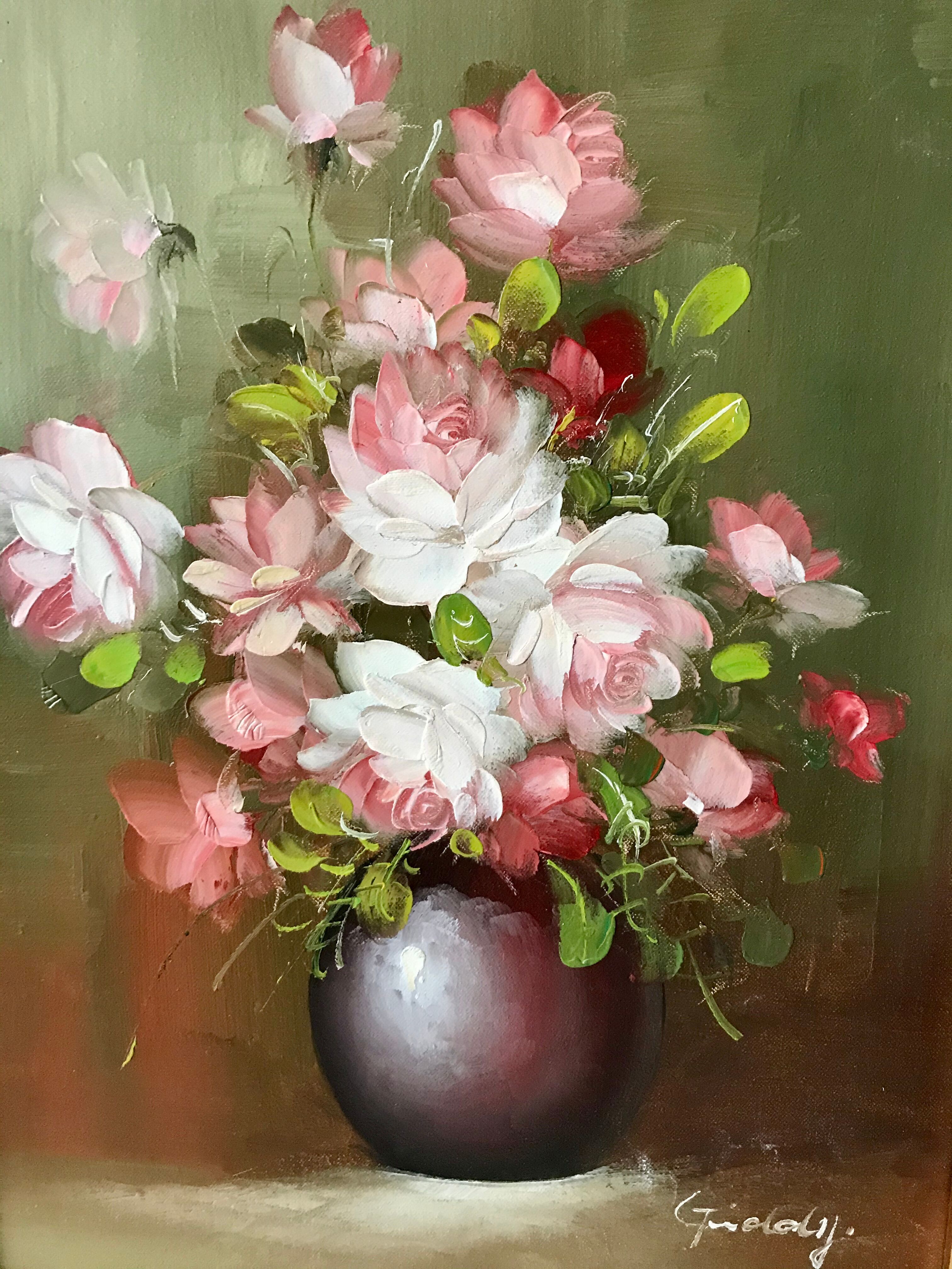 Oil on canvas painting bouquet of flowers signed 80s