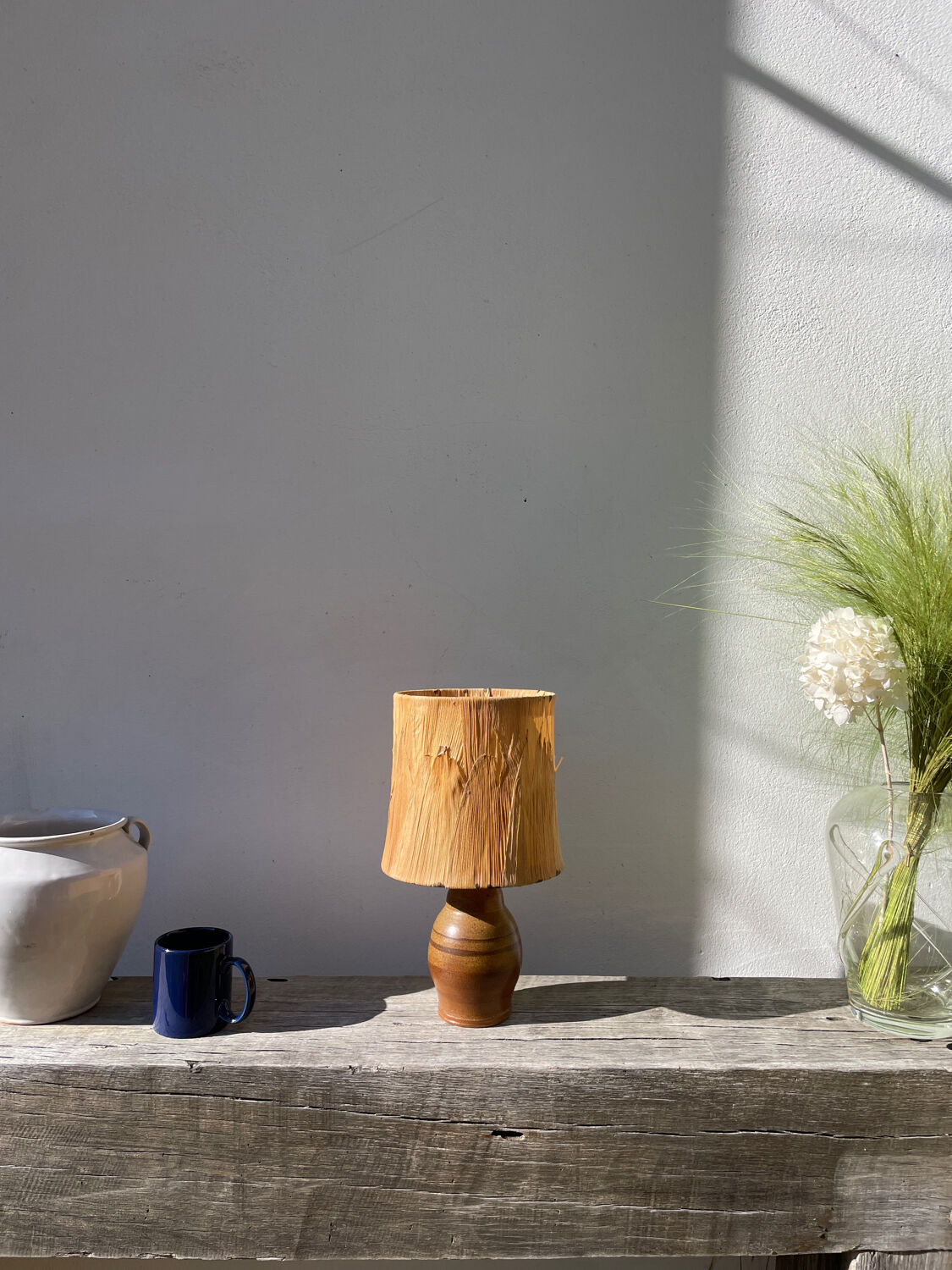 1970s brown ceramic lamp with foliage shade