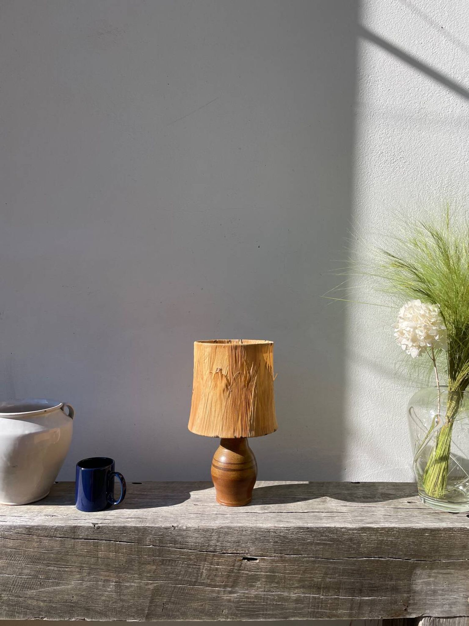 Lampe en céramique marron 1970 et abat jour feuillage