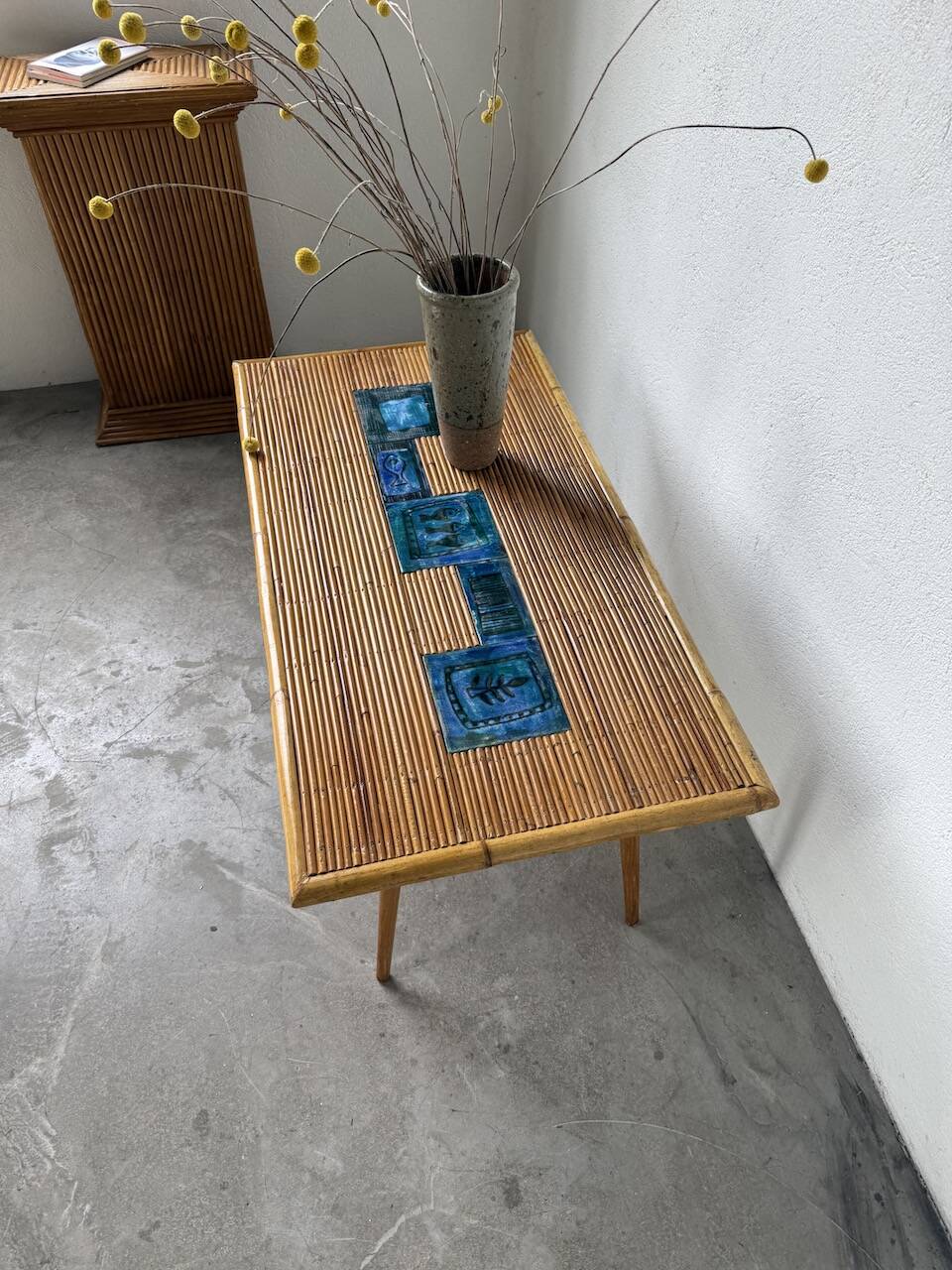 Rattan and ceramic coffee table, 60s