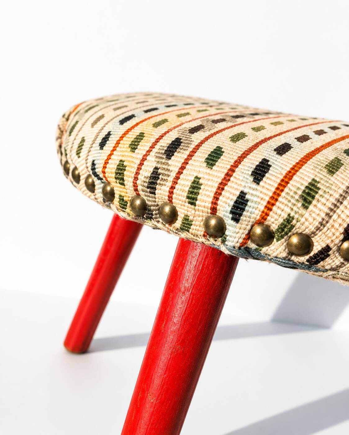 Vintage Tripod Stool Kilim Red Oval Footrest 35cm Firm