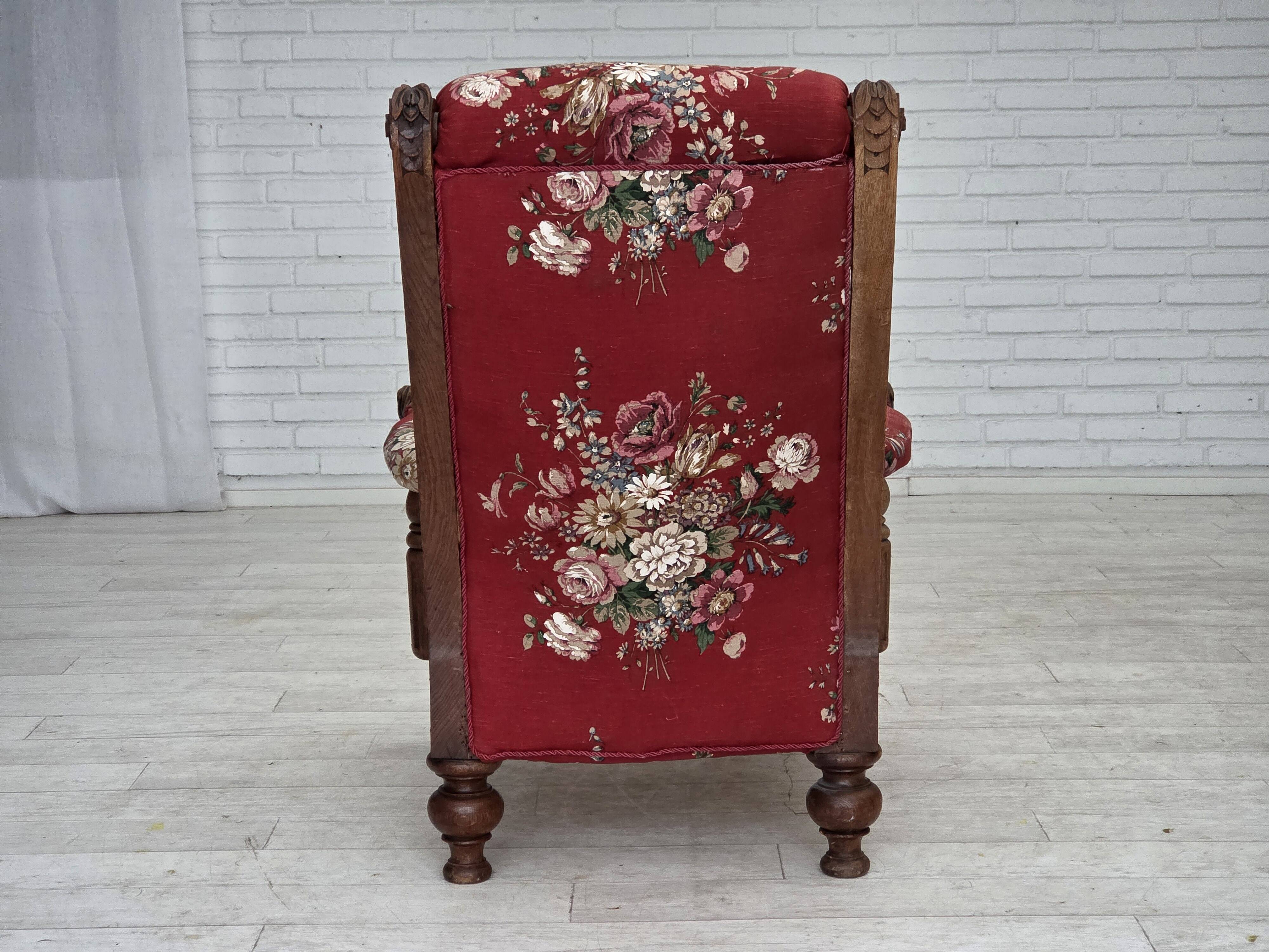 1920-30s, Danish armchair, furniture cotton fabric, hand carved oak wood.