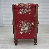 1920-30s, Danish armchair, furniture cotton fabric, hand carved oak wood.