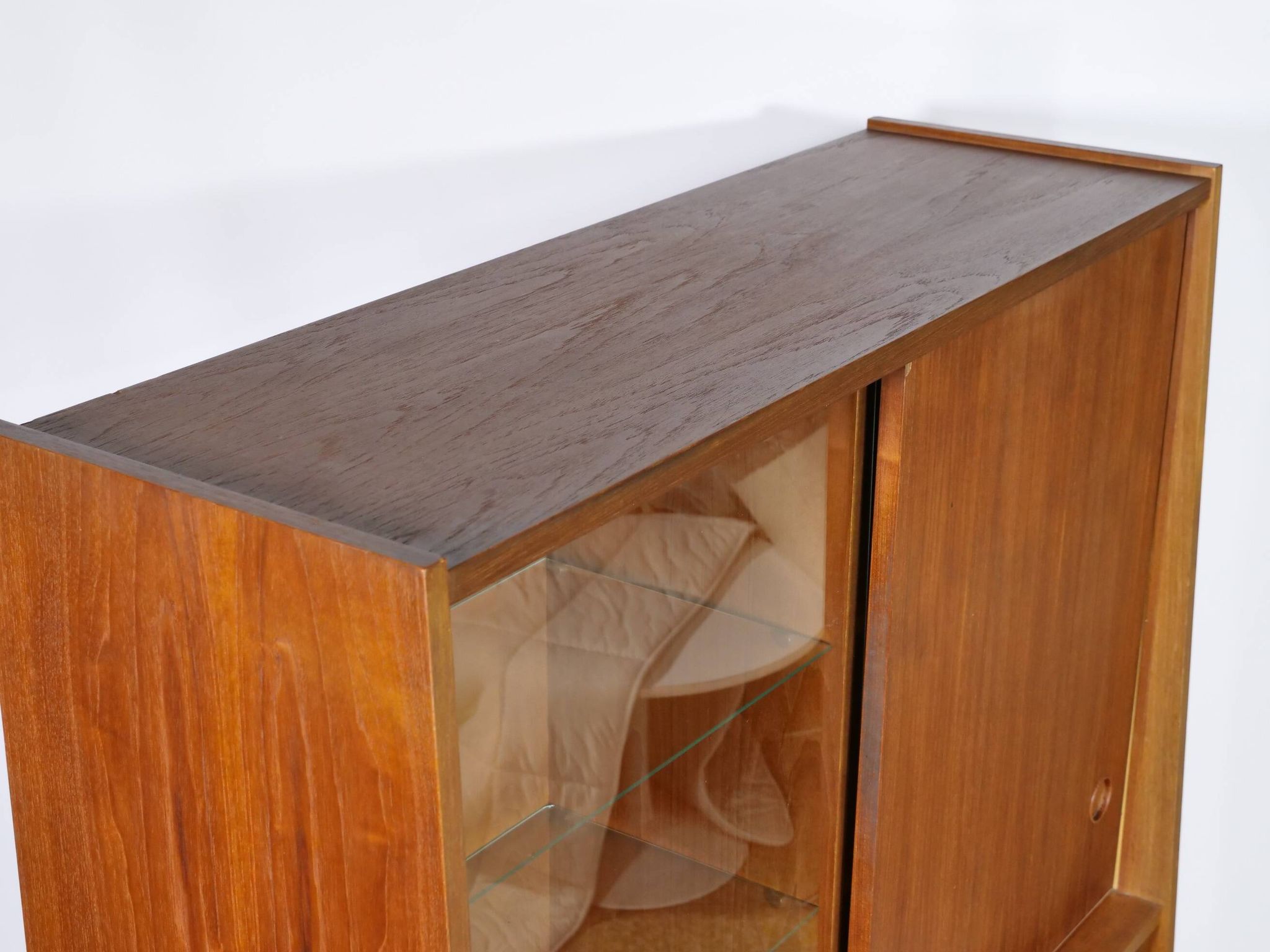 Mid Century Teak Highboard with Glass Display Cabinet & Sliding Door, 1960s