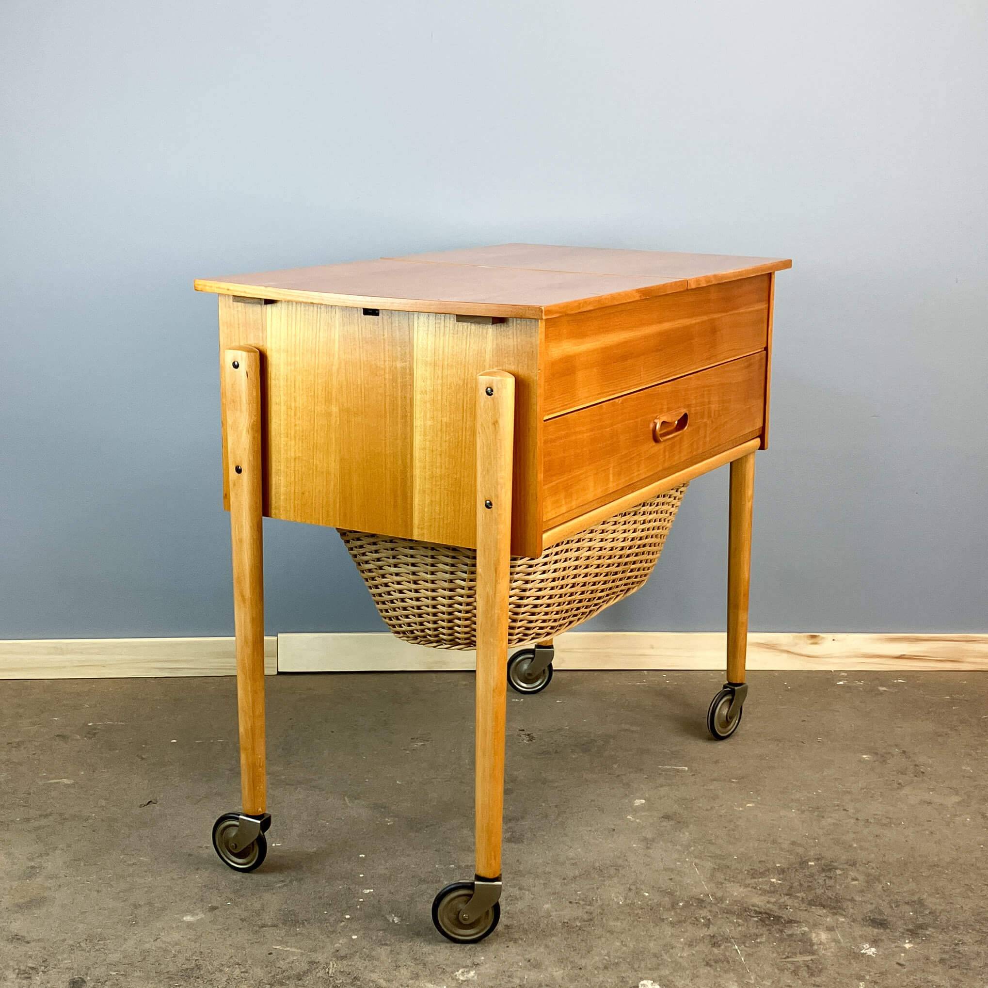 Wheeled sewing box, pear wood, beech, wicker, 1960s