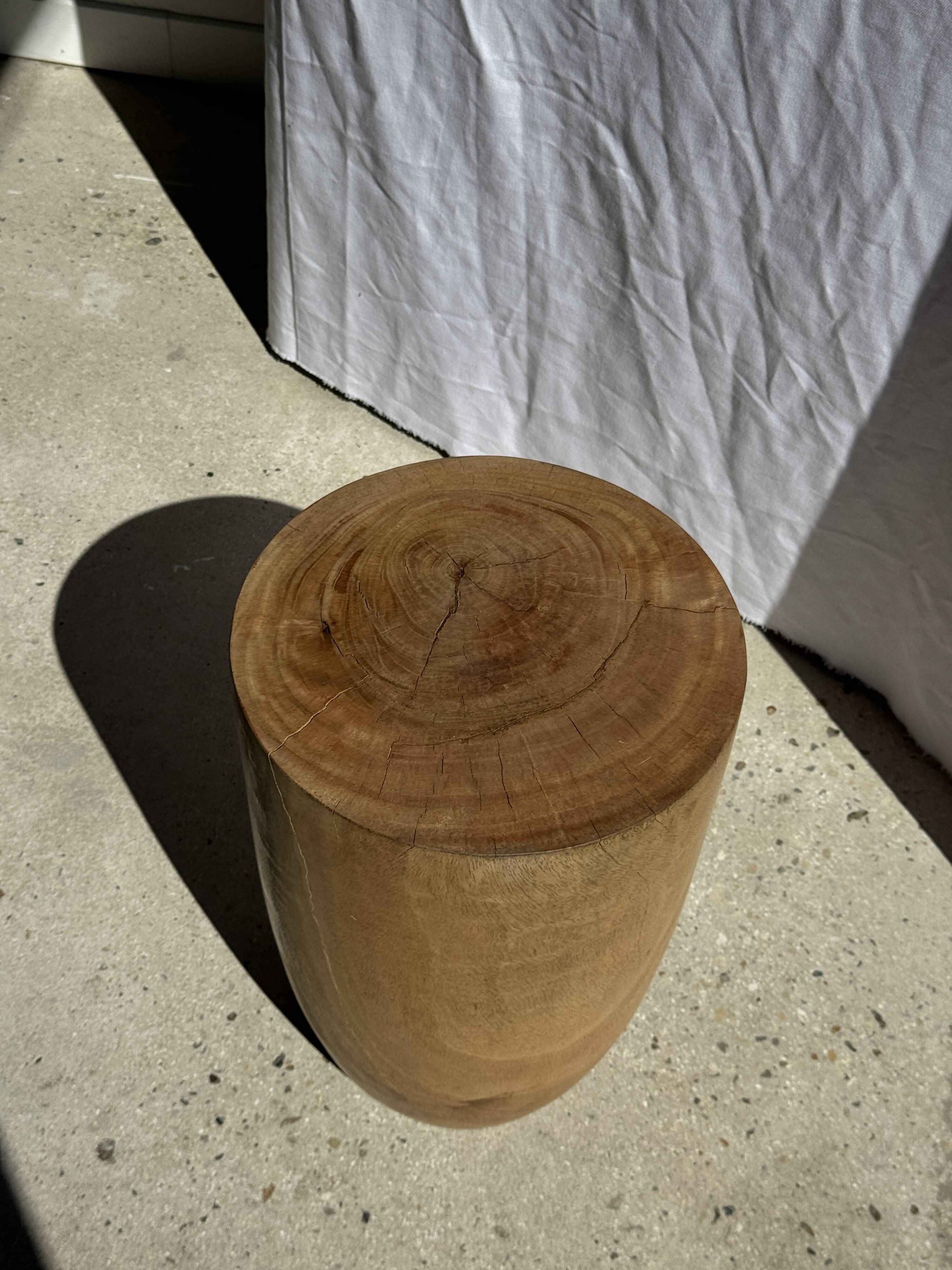 Stool, side table, cylindrical solid mango wood end table.