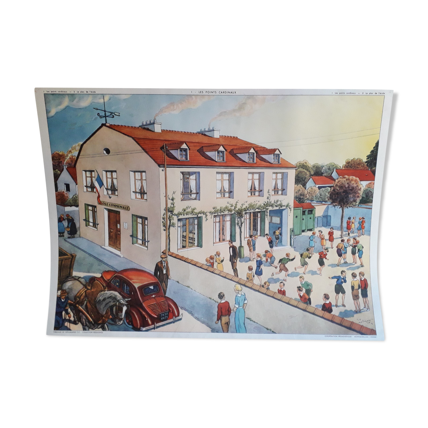 School poster 50s, Rossignol editions, cardinal points the school plan
